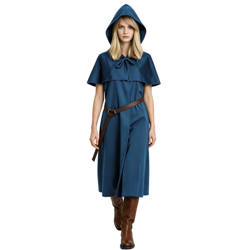 Medieval Monk Robe Hooded Cloak Costume Set with Belt Blue XL - Renaissance Cosplay