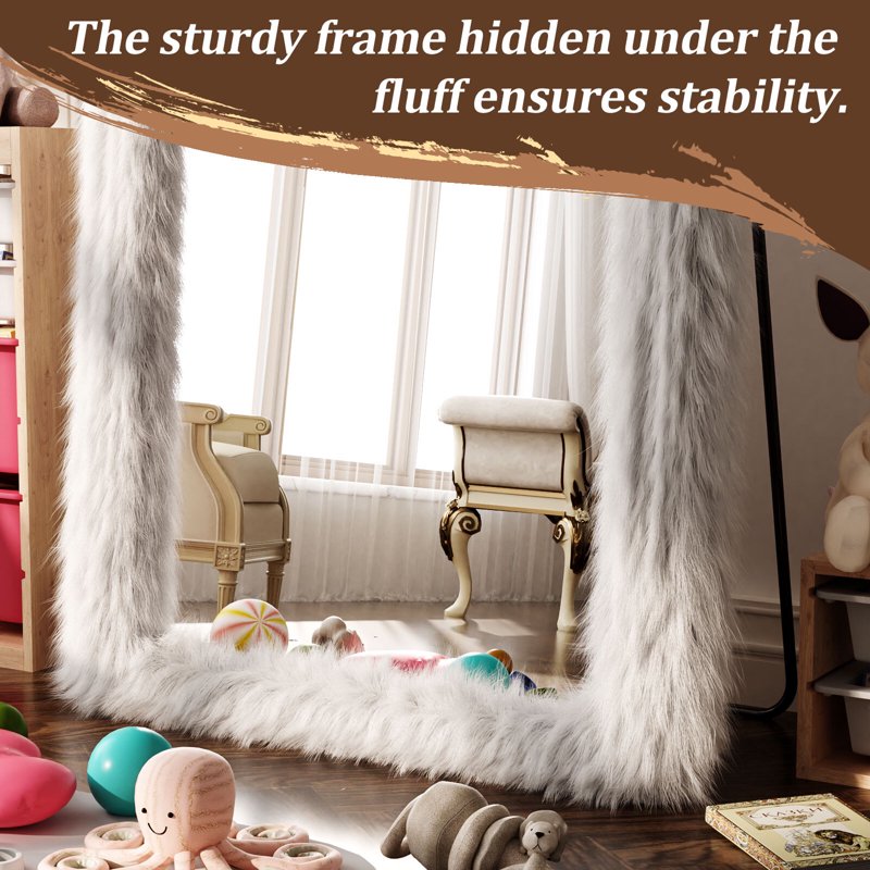 BEAUTYPEAK White Faux Fur Framed Full Length Mirror - Free Standing, 71x32 Inches