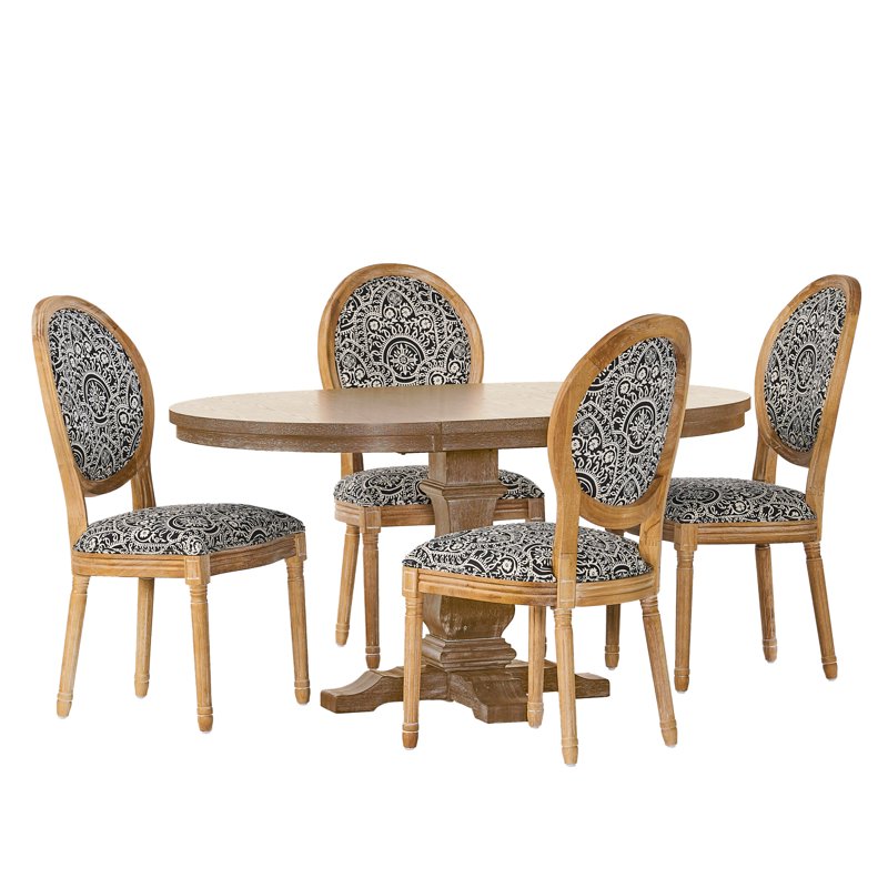 5 Piece Dining Set - Black and White Print & Natural