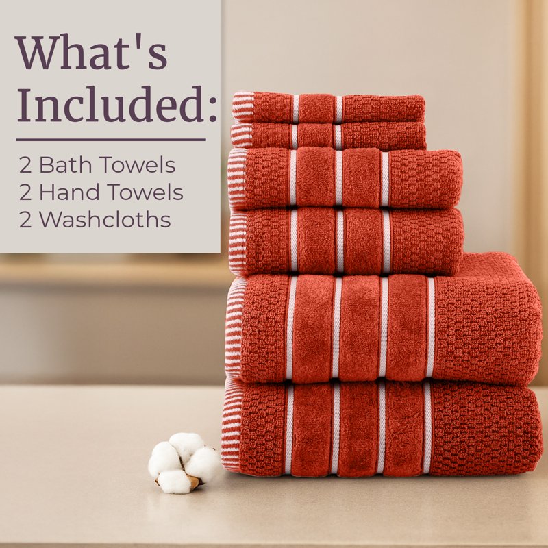 Brick Orange 6-Piece Combed Cotton Rice Weave Towel Set for Bathroom & Beach