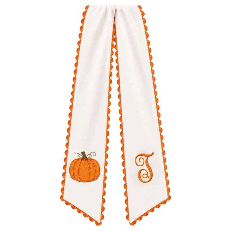 Halloween & Thanksgiving Pumpkin Embroidered Wreath Sash - Orange Scalloped Ribbon, 50 Inches, Fall Front Door Decor - Variation T