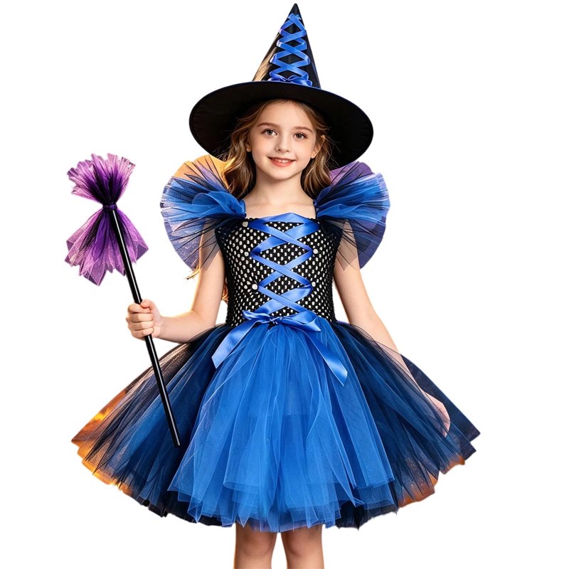 Kids Witch Costume Set with Tulle Dress & Hat - Blue, Ages 0-1 Years