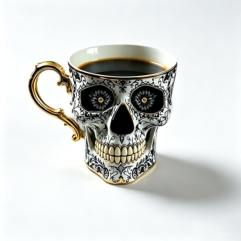 Free Size Gothic Skull Coffee Mug with Gold Trim & Saucer Set - Halloween Gifts