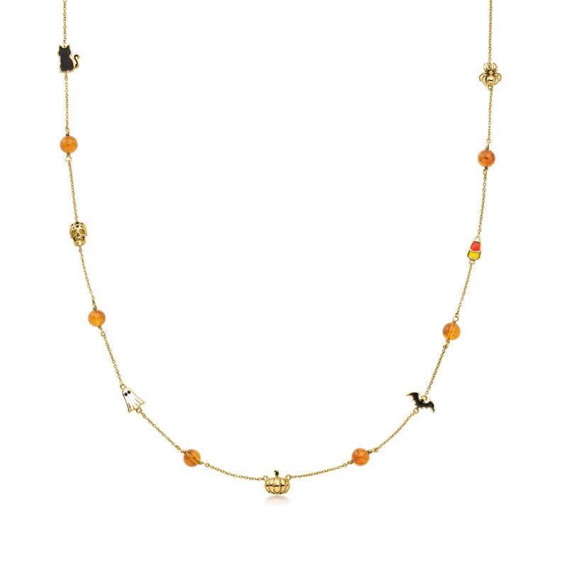 Halloween Pendant Necklace - 14kt Gold-Plated Amber Beads & Enamel - Variation 20