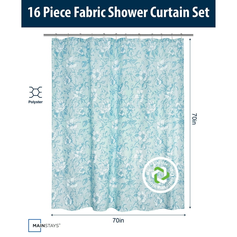 Blue Floral Shower Curtain Bathroom Set with Rug, Hooks, Soap Dispenser & Tray
