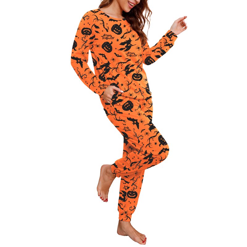 Halloween Womens Pajama Set Long Sleeve Sleepwear Lounge Sets with Pockets - Yellow Pumpkin Witch, L