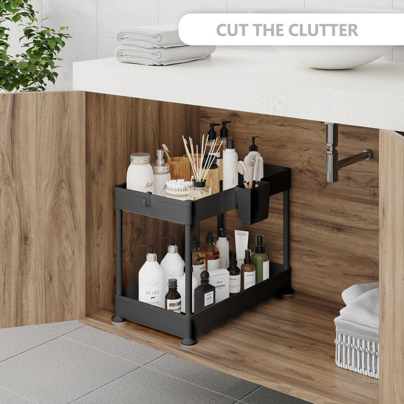 Under Sink Organizer 2-Tier with Hooks & Non-Slip Grip - Black, 2 Pack
