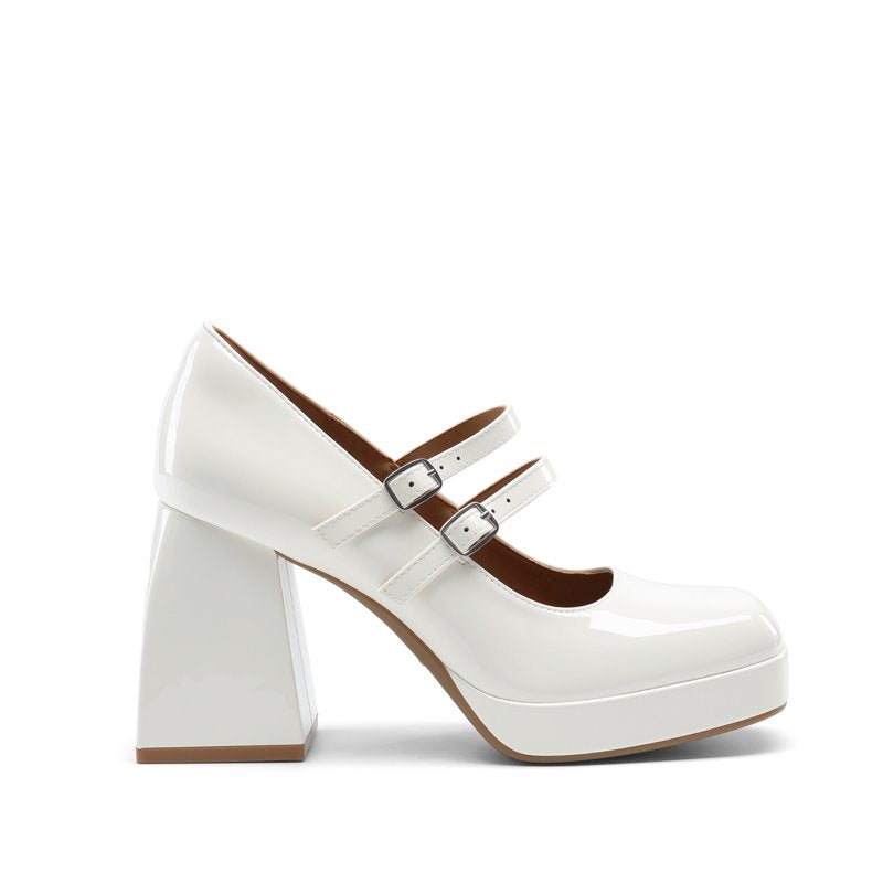White Women's Y2K Double Strap Platform Mary Jane Heels with Square Toe and Chunky Block Heel - Size 6