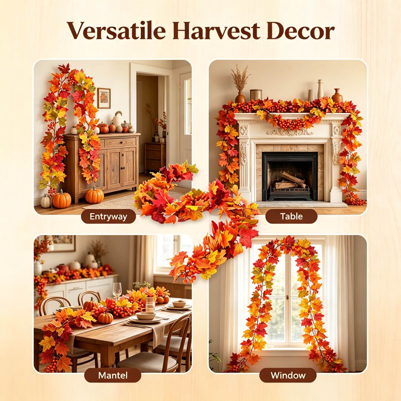Fall Maple Leaf Garland - Orange Halloween & Thanksgiving Rattan Vine Decoration, 175cm