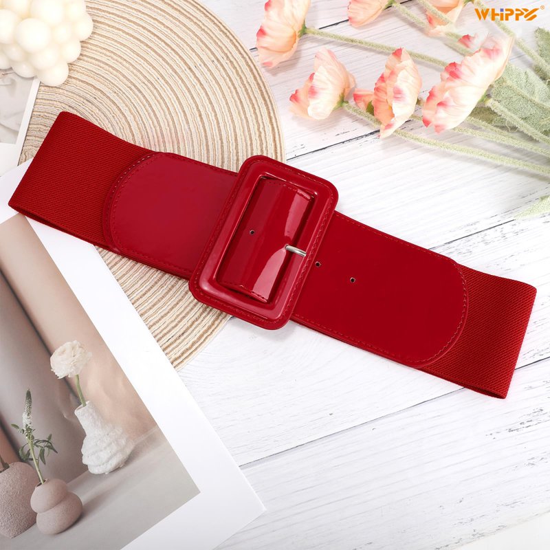 Red Wide Elastic Waist Belt for Dresses Women Fashionable Retro Style Adjustable
