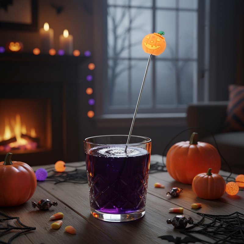 Halloween Orange Stainless Steel Cocktail Mixing Spoon with Ghost Witch Bat Pumpkin