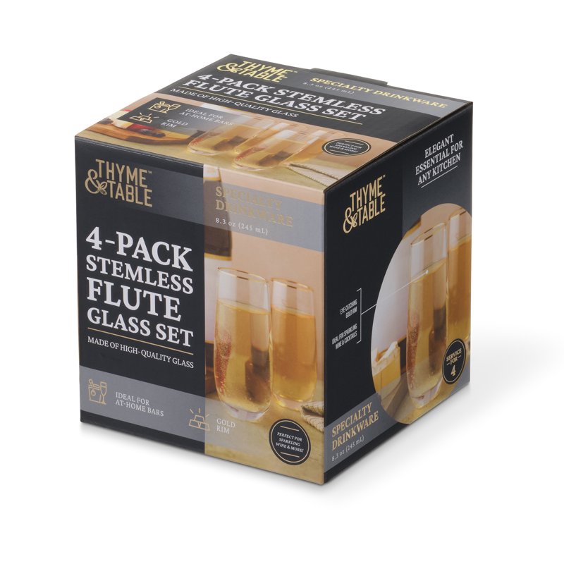 Stemless Flute Glass Set with Gold Rim - 8 oz, Set of 4