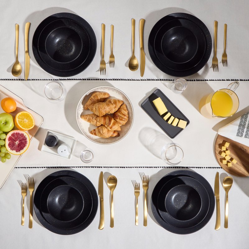 12-Piece Ceramic Dinnerware Set - Black with Gold Speckles