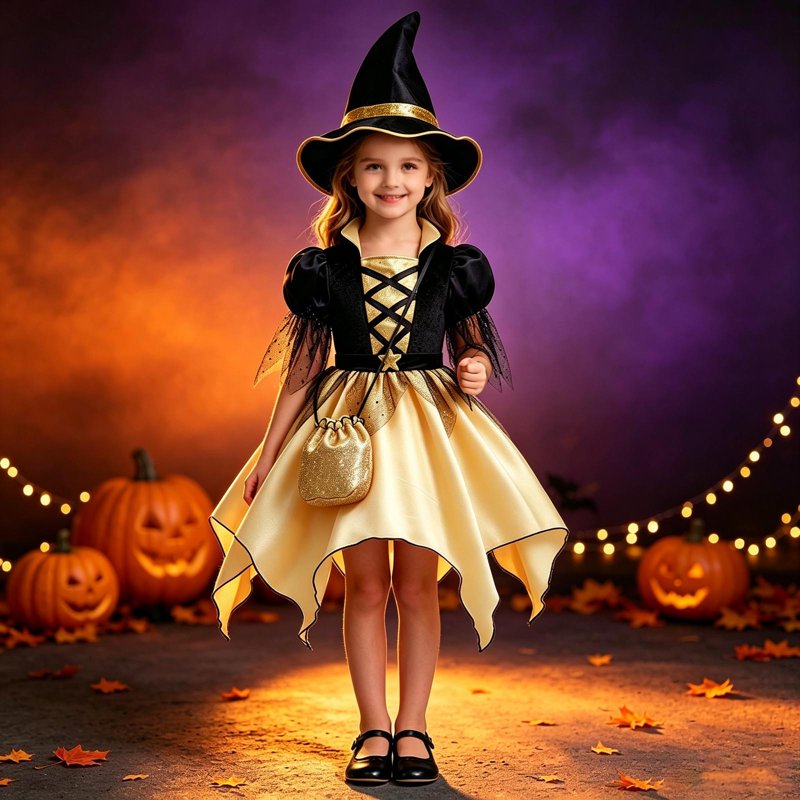 Girls Witch Costume Dress with Hat and Bag - 6-7 Years, Fancy Dress Up Outfit - Black