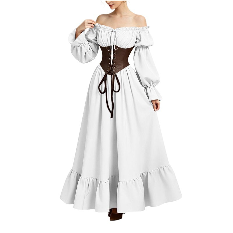 Gothic Corset Maxi Dress for Women Halloween Victorian Long Dress with Puff Sleeves & Ruffle Hem - White XL - Variation BB-White