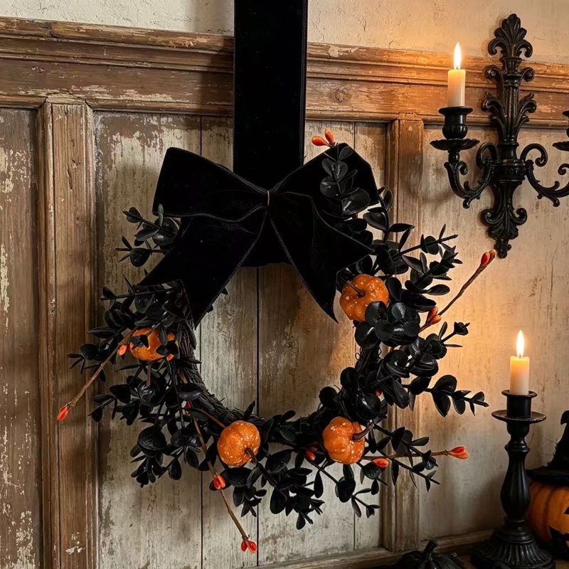 Halloween Wreath Set - 2 Black Mini Wreaths with Pumpkins & Velvet Bow, 9 Inches