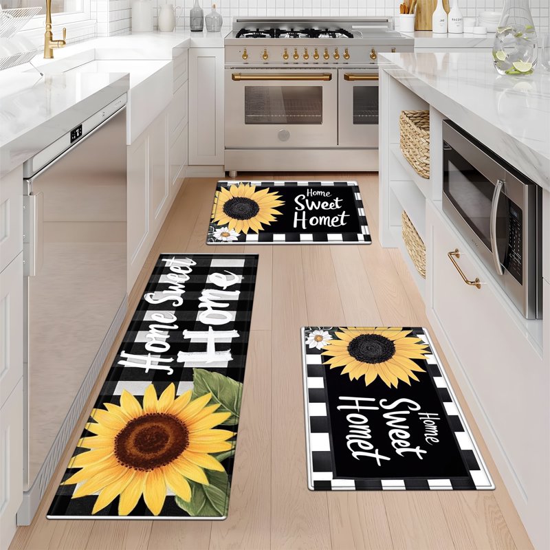 Kitchen Rug and Door Mat - Washable Flannel Sunflower Black and White Grid 15.7'' x 23.6'' - Autumn & Winter Decor