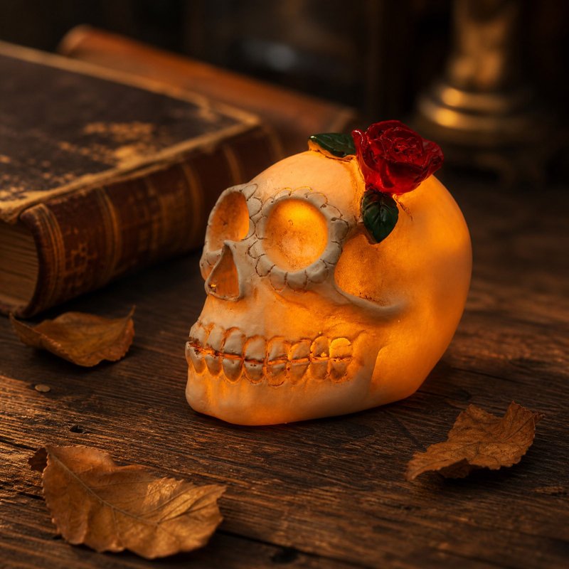 Halloween Skull Rose Lamp - Gothic Resin Nightlight with Warm Candle Glow - Variation #359B