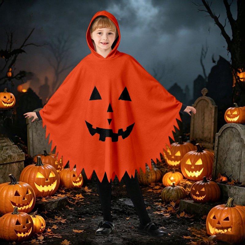 Kids Ghost Face Halloween Costume Cape - Unisex Hooded Dress Up for 10-12 Years - Orange, Fancy Dress