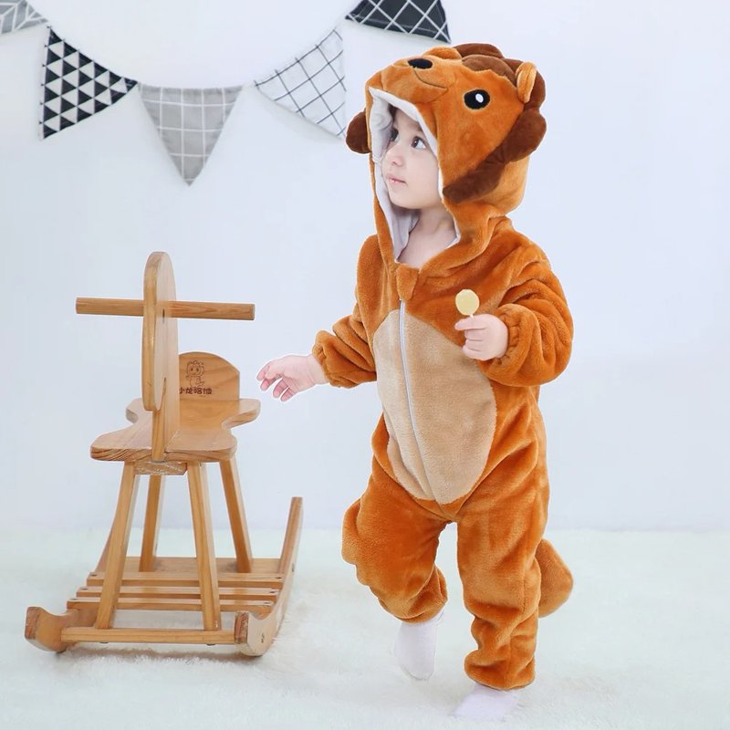 Baby Animal Costume Romper - Unisex Flannel Lion Jumpsuit 6-12 Months