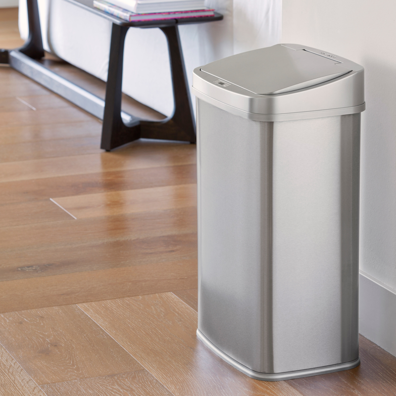 Automatic Kitchen Trash Can - 13.2 Gallon Stainless Steel, Motion Sensor, Soft Close Lid - Silver with Black Lid