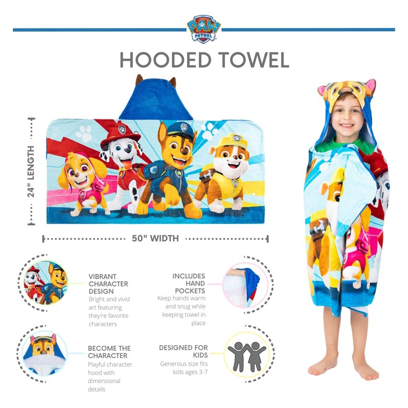 Kids Paw Patrol Chase Hooded Towel - Soft Cotton Bath & Beach Towel