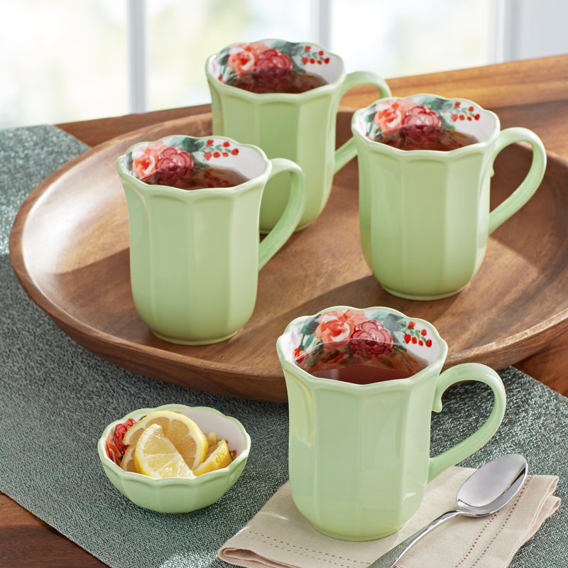 Ceramic Coffee Mugs Set of 4 - 16-Ounce Painted Meadow Design