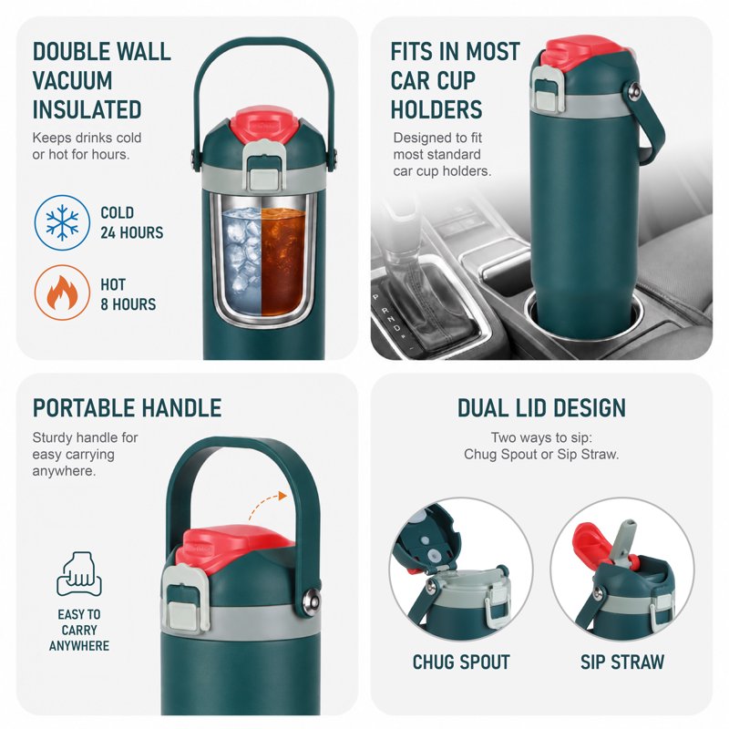 30 oz Stainless Steel Insulated Tumbler with Dual Sip & Chug Lid - Green