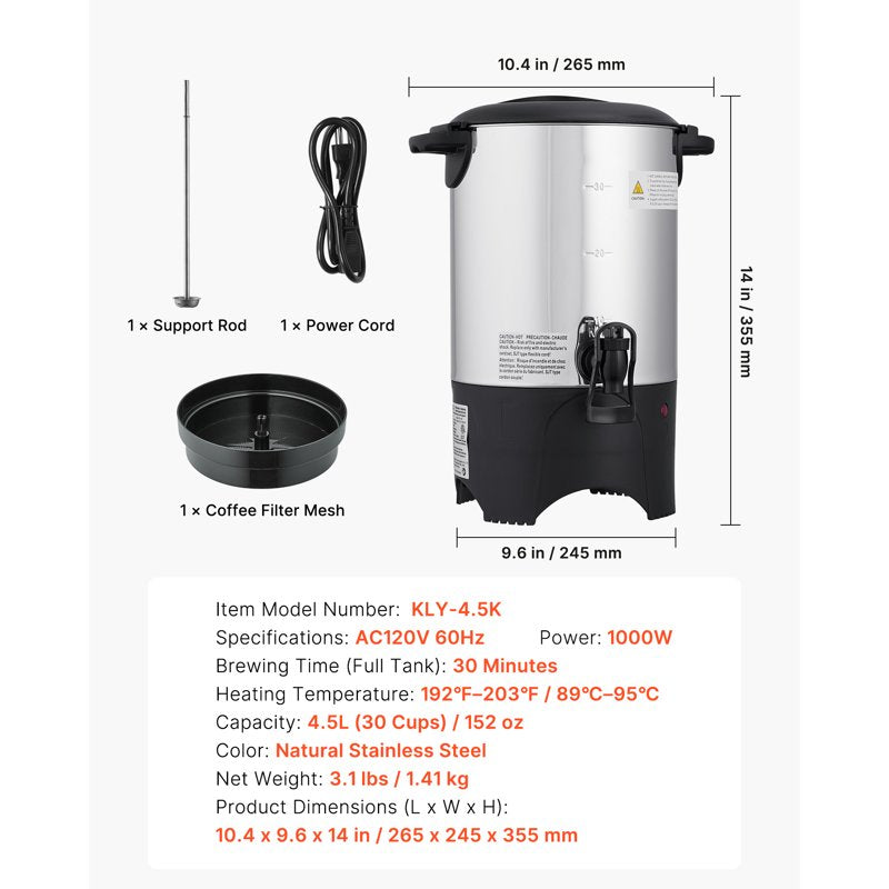 30-Cup Commercial Coffee Urn - Fast-Brewing Hot Drink Dispenser