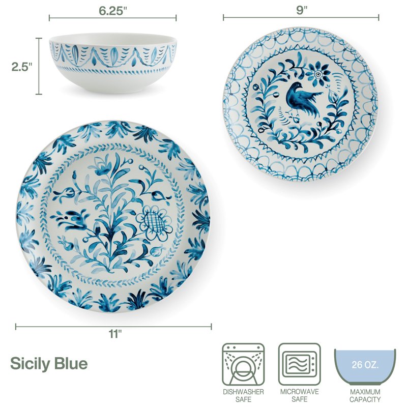 Sicily Blue 12-Piece Stoneware Dinnerware Set - Service for 4