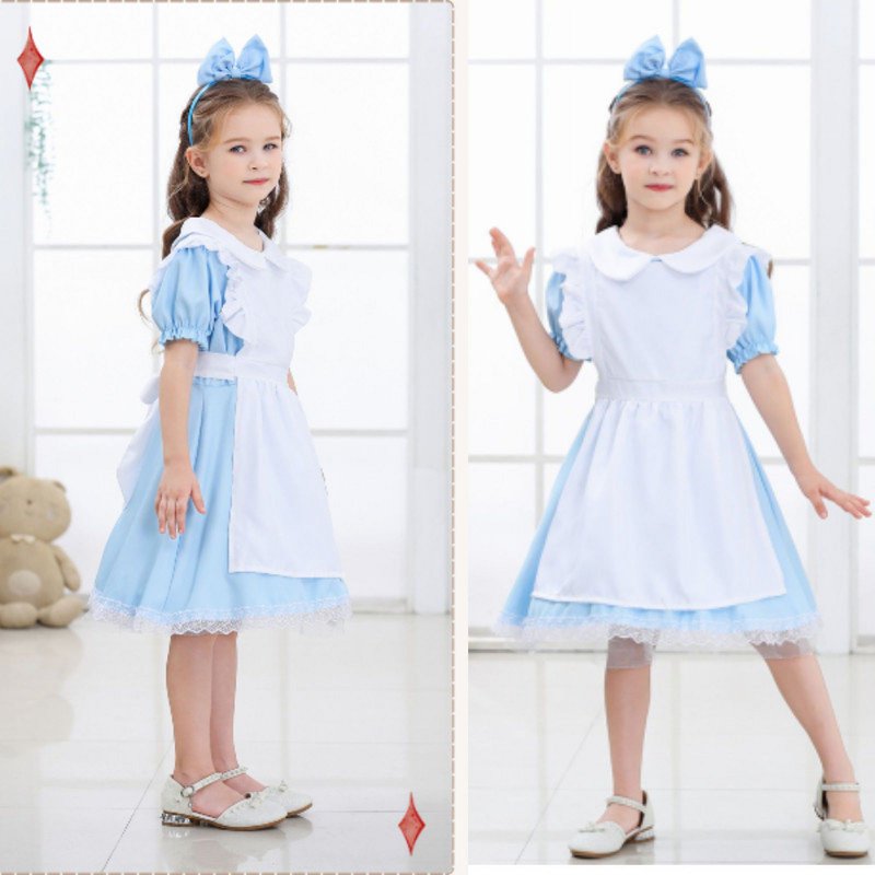 Kids Blue Princess Costume Dress with White Pinafore & Headband - 4T (3-4 Years) - Pretend Play Outfit