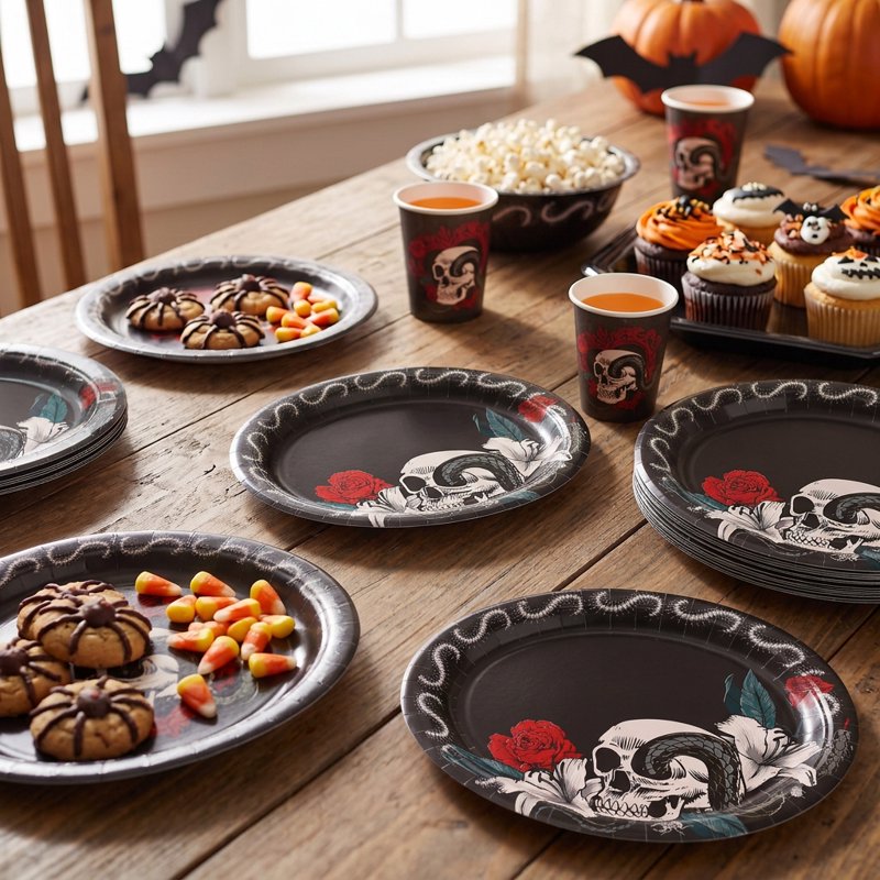 Halloween Skull and Roses Oval Disposable Paper Plates - 12 Inch, 8 Pack