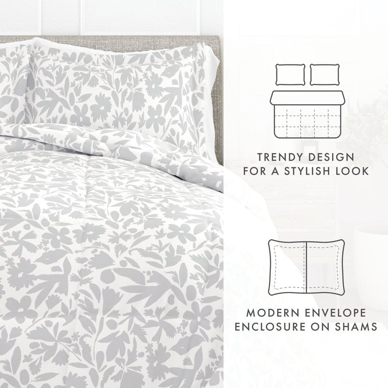 King Light Gray Abstract Garden Comforter Set - Hypoallergenic Microfiber Bedding