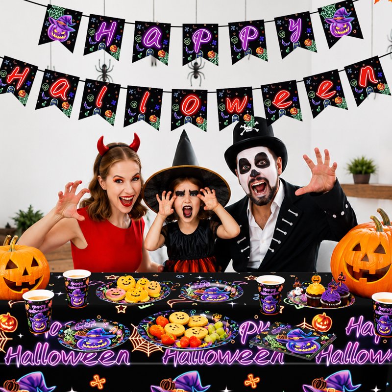 Halloween Evil Pumpkin Neon Tableware Set for 24 Guests - Disposable Party Supplies