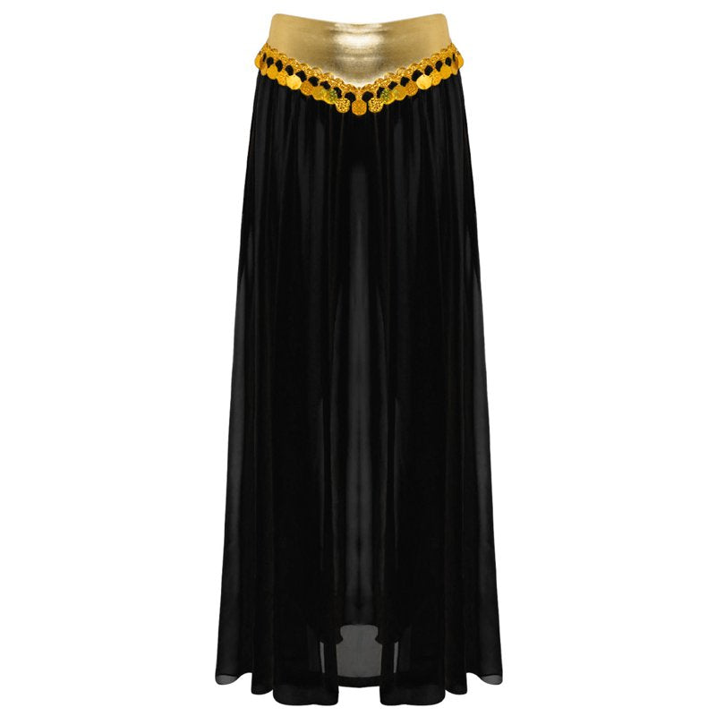 Women Belly Dance Costume Set Black L - Chiffon Skirt & Crop Top for Stage Performance