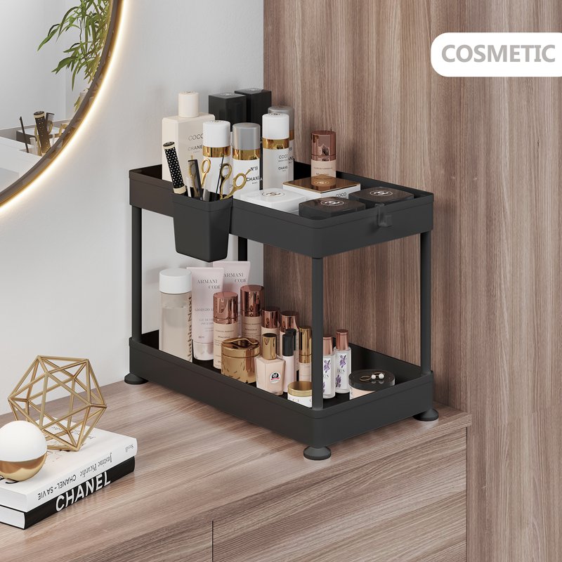 Under Sink Organizer 2-Tier with Hooks & Non-Slip Grip - Black, 2 Pack
