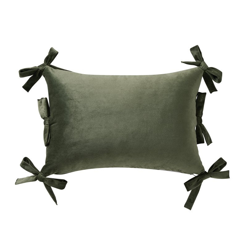 Green Velvet Bow Oblong Decorative Pillow 14x20 Home Decor Collection