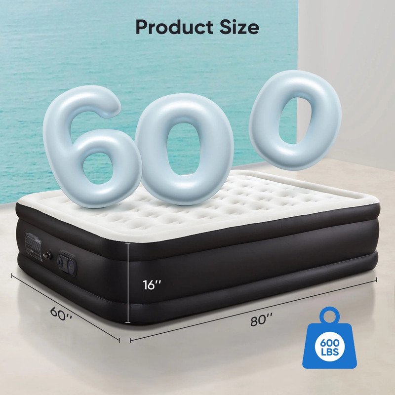 Queen Air Mattress with Built-In Pump - 16 Inch Camping & Home Bed, Black