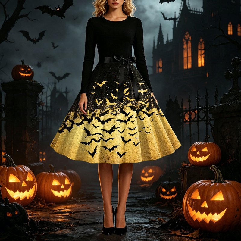 Yellow Women's Vintage Bat Print Swing Dress with Satin Sash - 1950s Retro Gothic Midi
