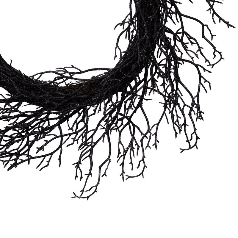 Black Glittered Twig Halloween Wreath - 24 Inch Unlit Decor for Door & Wall