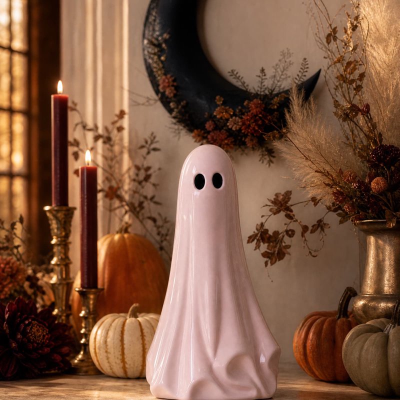Pink Ghost Figurine for Halloween - 20 Inch Plastic Spooky Statue, Indoor Decor with Glossy Finish - Variation K