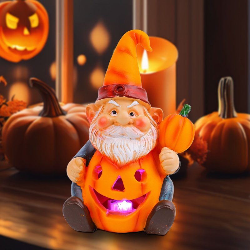 Luminous Pumpkin Gnome Ornament - Resin Halloween Garden Statue #354C