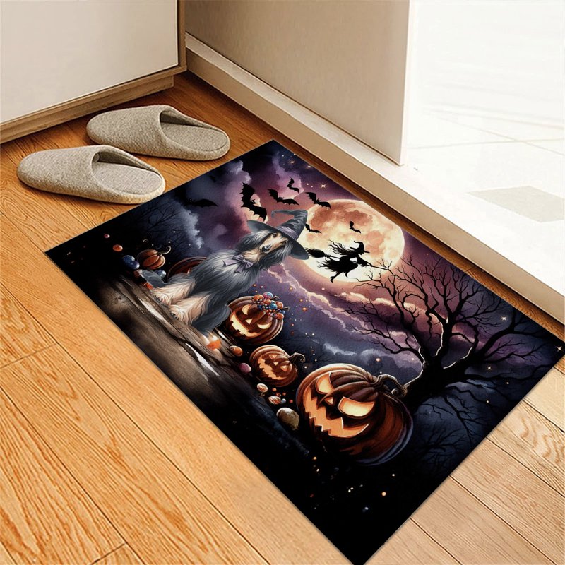 Rubber Doormat 24x16in - Halloween Witch Afghan Hound Glow Pumpkins Dog Lover Entrance