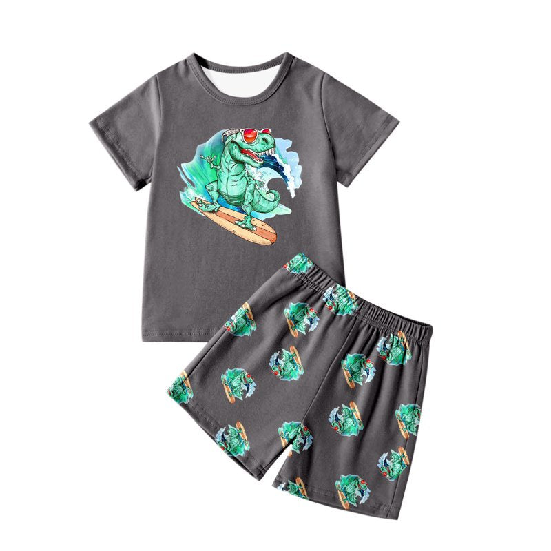 Kids Pajama Set for Boys Size 3-4 Years - Dinosaur Short Sleeve Top & Shorts, Grey Z05