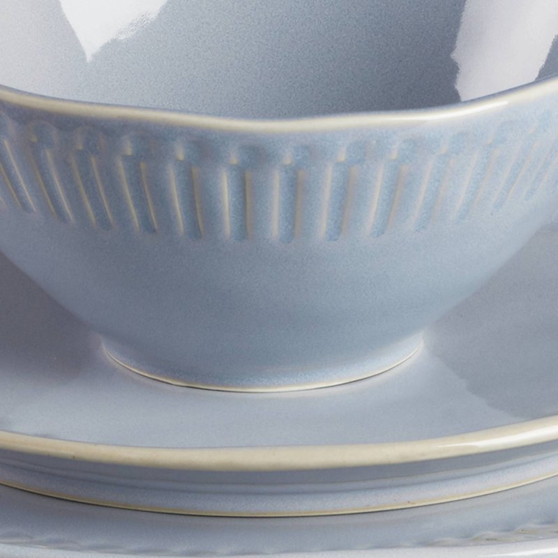 12-Piece Blue Stoneware Dinnerware Set - Artisanal Stripe