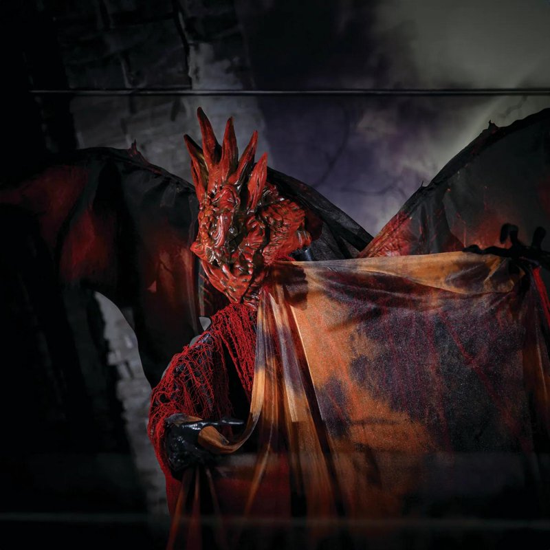 6 Ft. Standing Animated Halloween Dragon Decoration - Black & Red Spooky Man