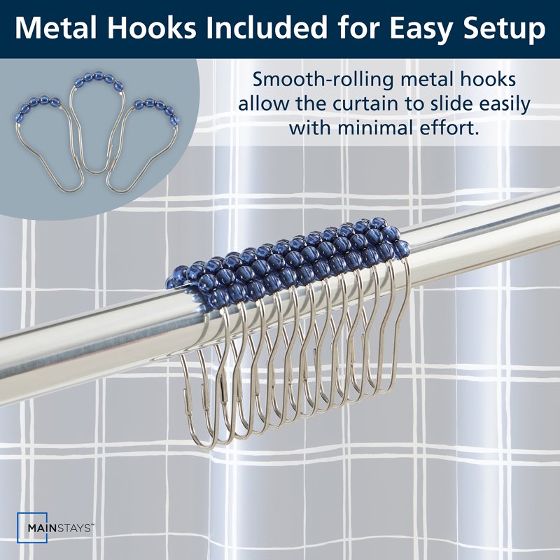 Navy Plaid Shower Curtain Set with 12 Metal Hooks - Waterproof PEVA Bathroom Decor