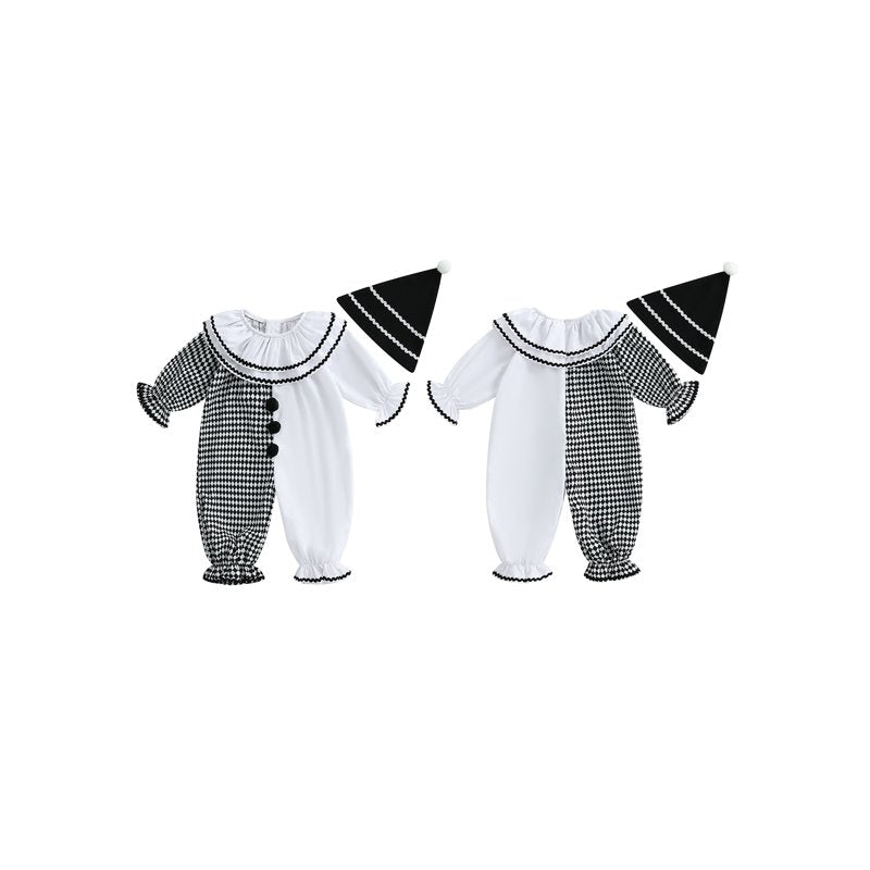 Kids Toddler Clown Costume Romper & Hat Set - White Black, 6-12 Months