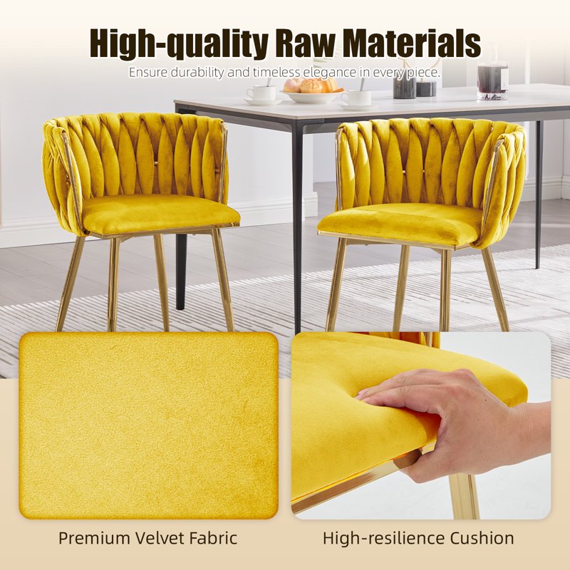 Velvet Dining Chairs Set of 2 - Yellow with Metal Legs