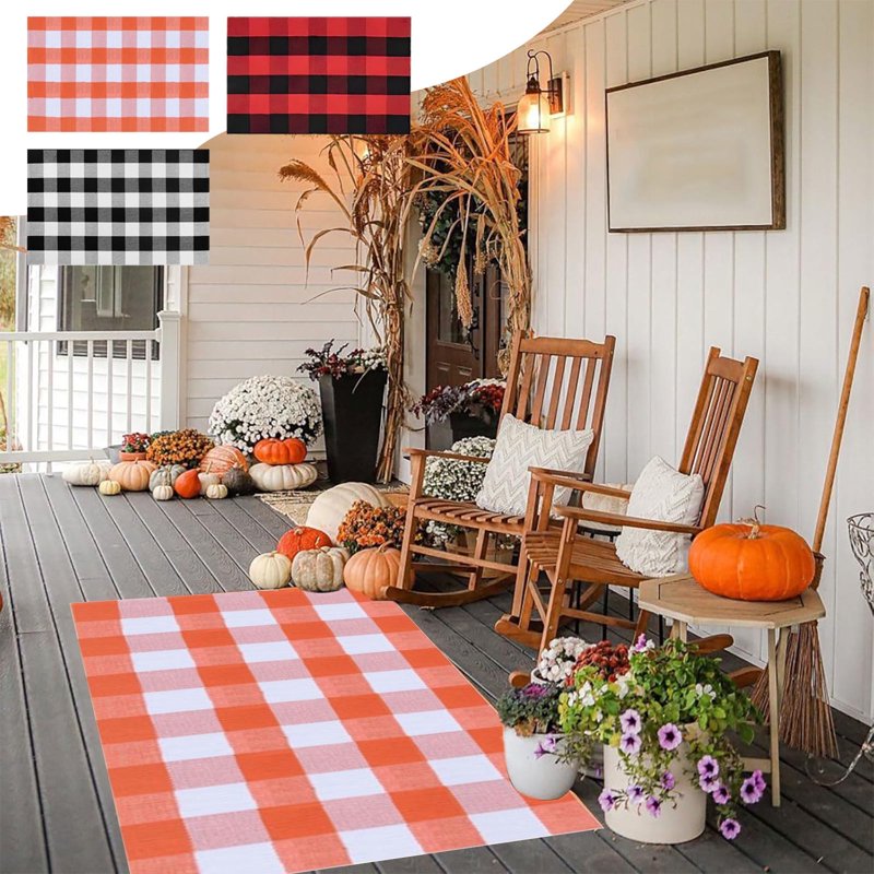 Orange Plaid Fall Outdoor Doormat - Hand-Woven Porch Rug for Thanksgiving & Halloween - Variation: A Orange